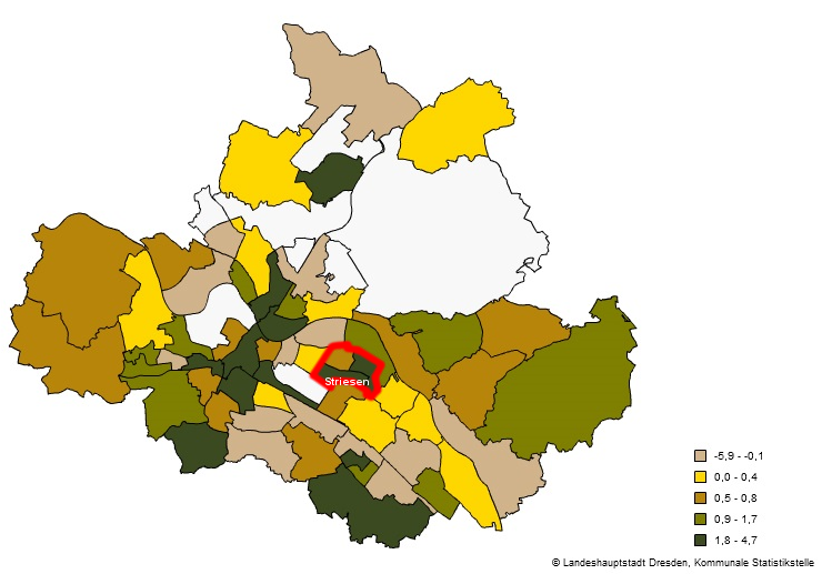 Änderung der Einwohnerzahl zum Vorjahr nach Stadtteilen in Prozent.