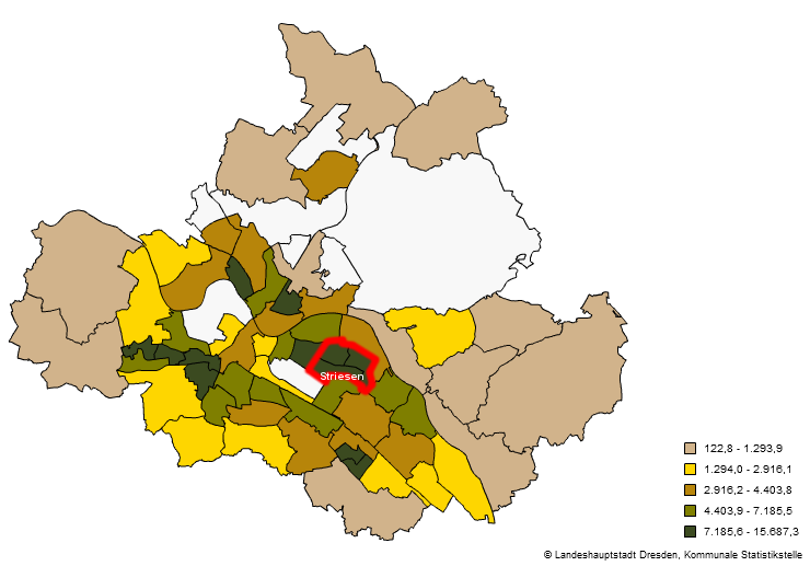 Bevölkerungsdichte in Einwohner je km² nach Stadteilen.