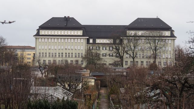 Blick über Kleingärten auf das Hans-Erlwein-Gymnasium