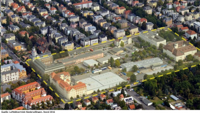 Luftbildaufnahme zum Gemischten Quartier am Landgraben aus der Präsentation zu V2769/18